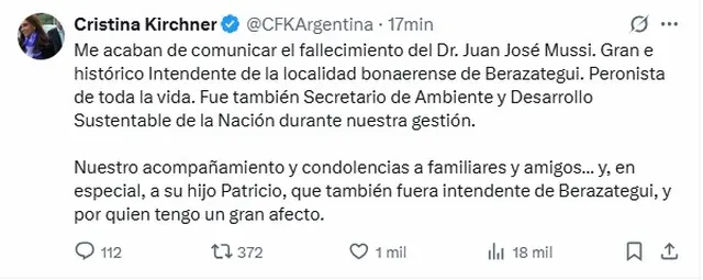 El mensaje de Cristina Kirchner tras la muerte de Juan José Mussi