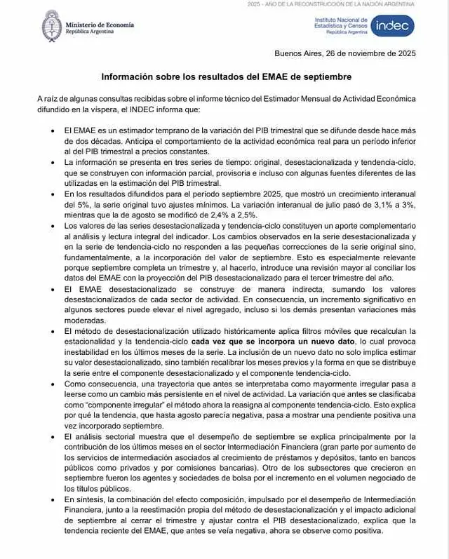 El comunicado del INDEC sobre la corrección del EMAE