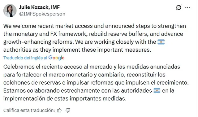 El mensaje de Julie Kozack, la portavoz del FMI