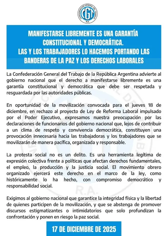 La CGT marchará a Plaza de Mayo, donde leerán un comunicado a las 15.