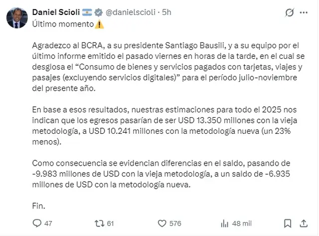 El mensaje de Daniel Scioli tras los cambios del BCRA