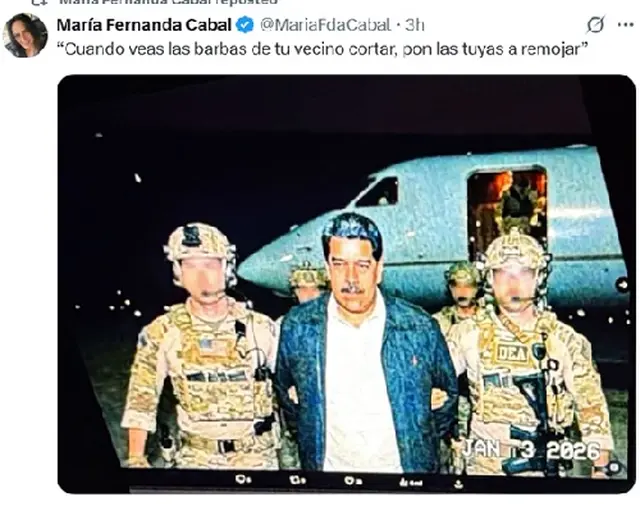 María Fernanda Cabal difunde foto no verificada de la presunta captura de Nicolás Maduro