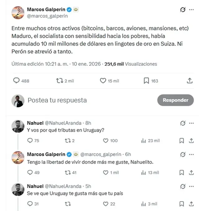 Marcos Galperin cruzó a un usuario que lo cuestionó por vivir en Uruguay tras sus críticas a Maduro
