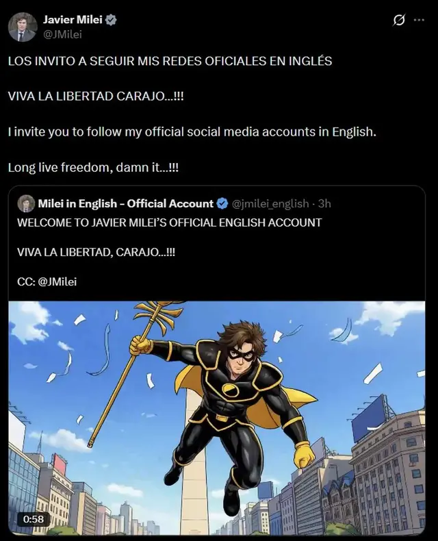 Javier Milei presentó sus redes sociales en inglés con su propio superhéroe