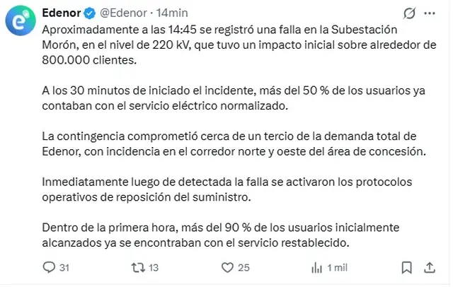 El comunicado de Edenor sobre el corte de luz