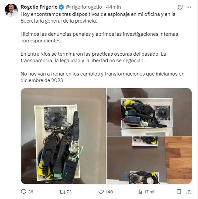 El mensaje de Rogelio Frigerio, con los dispositivos de grabación