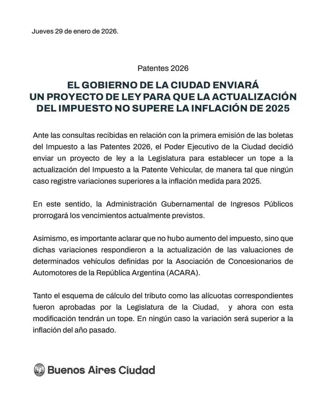 El comunicado del gobierno porteño sobre las subas de las patentes