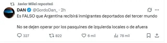 Uno de los mensajes que reposteó Milei para negar un acuerdo con EE.UU.