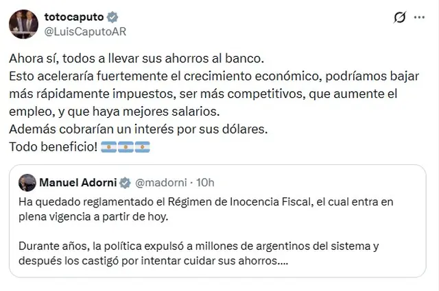 El mensaje de Luis Caputo sobre Inocencia Fiscal