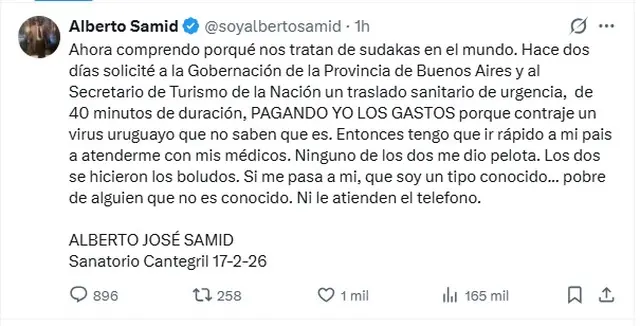 El mensaje de Samid desde la clínica en Uruguay
