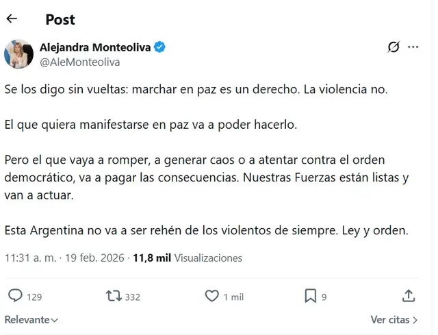 La advertencia de Alejandra Monteoliva en X