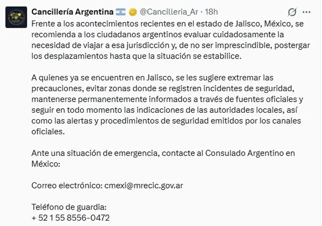 El mensaje de Cancillería argentina sobre los hechos en México