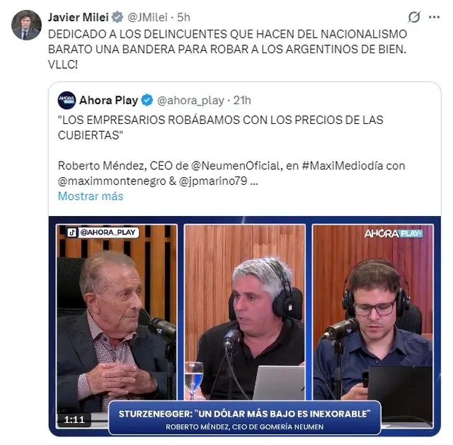 El mensaje de Javier Milei sobre las declaraciones del empresario CEO de la gomería Neumen