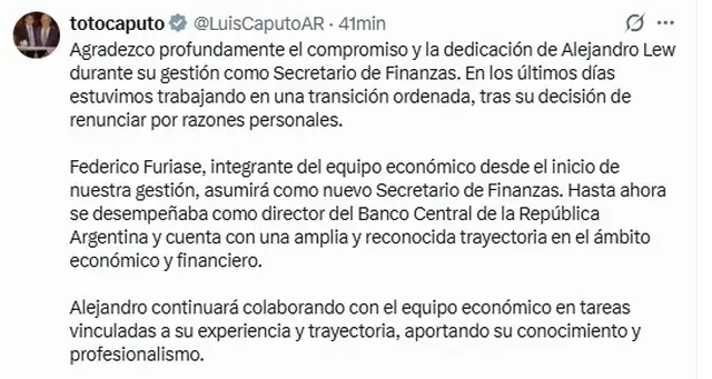El mensaje de Luis Caputo sobre la salida del secretario de Finanzas