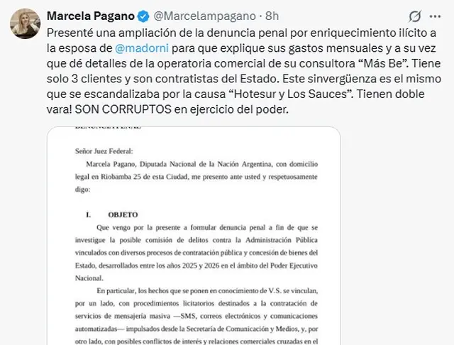 La denuncia de Marcela Pagano contra Manuel Adorni y su esposa