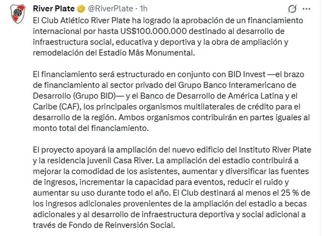River anunció este viernes la aprobación de un financiamiento internacional