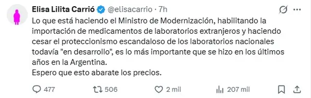 El mensaje de Lilita Carrió, respaldando la medida de Sturzenegger