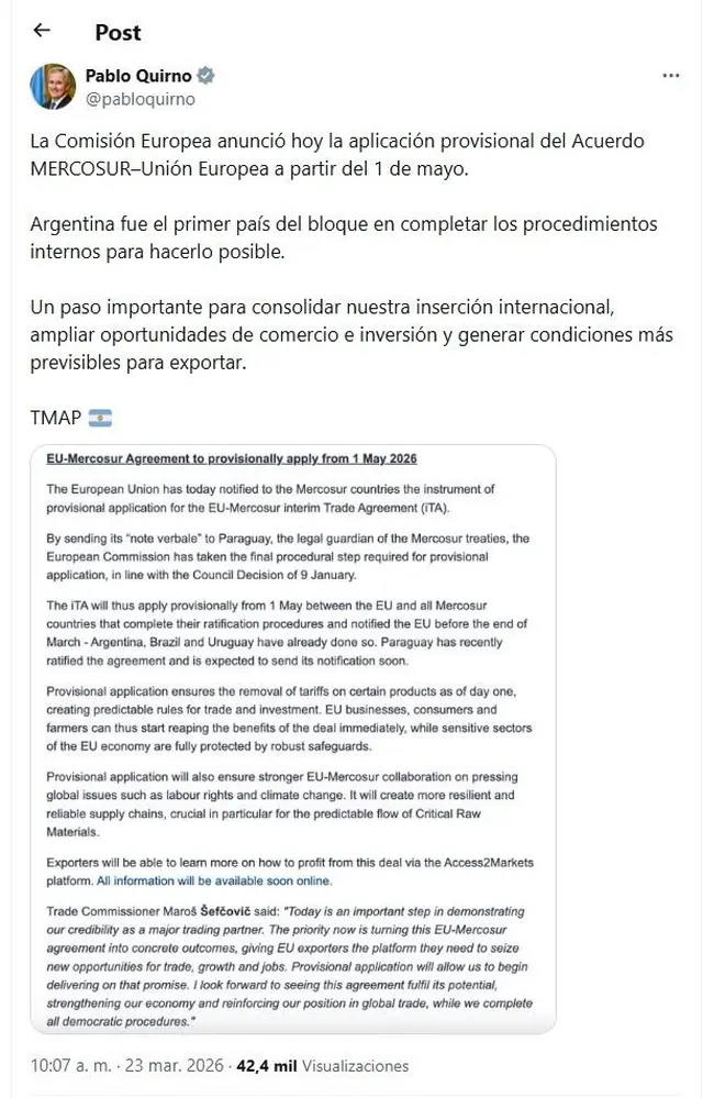 El tuit del canciller Pablo Quirno