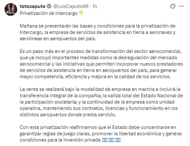 El mensaje de Luis Caputo sobre la privatización de Intercargo