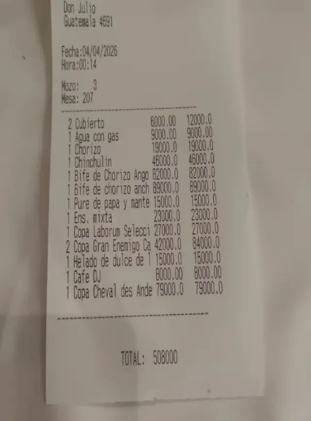 Fue a comer a Don Julio y gastó $508.000 para dos personas