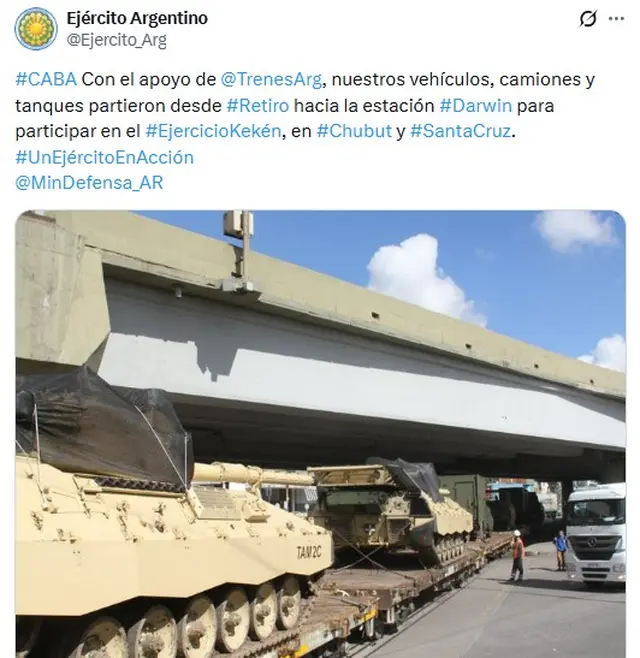 El mensaje del Ejército Argentino, que explicaba la salida de los tanques al Sur
