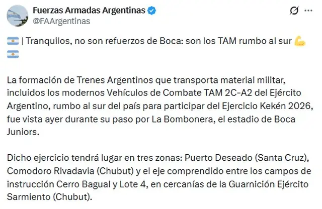 El mensaje que explicó el motivo del tren cargado de tanques de guerra