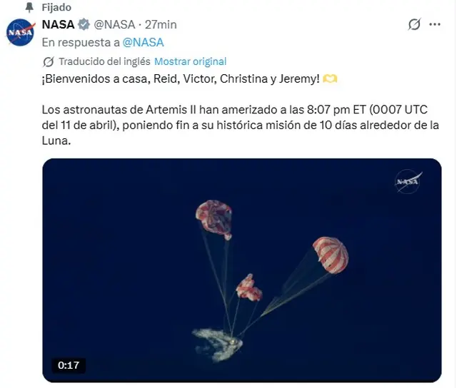 El mensaje de la NASA sobre el amerizaje del Artemis II