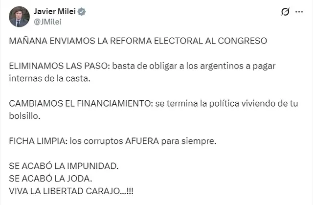 Javier Milei confirmó que enviará al Congreso la reforma electoral