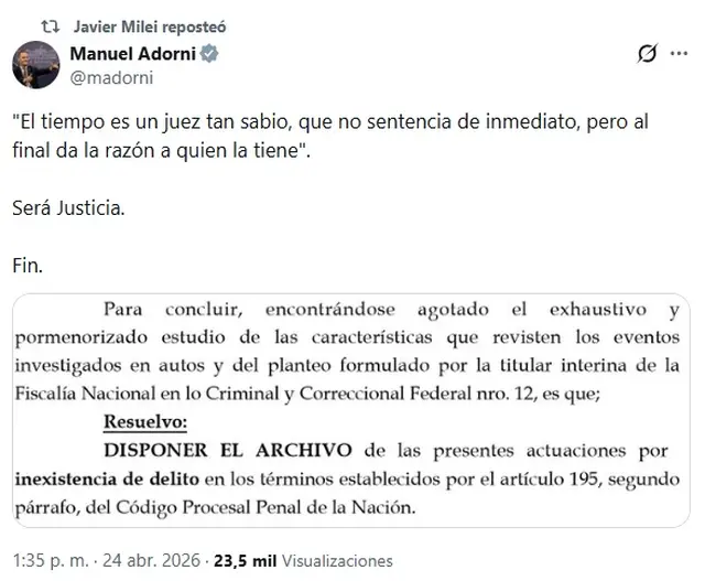 El tuit de Adorni, tras el fallo de Rafecas