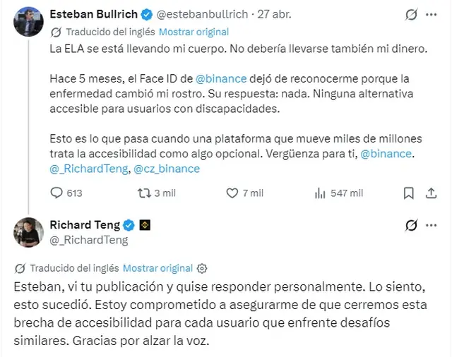 La respuesta del CEO de Binance al mensaje de Esteban Bullrich