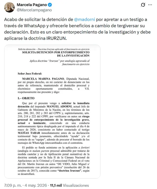 Marcela Pagano pidió la detención de Manuel Adorni.