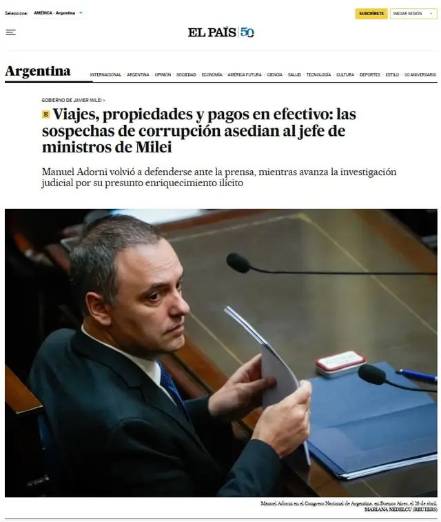 Medios del mundo hablan del escándalo Adorni y la caída de imagen de Milei