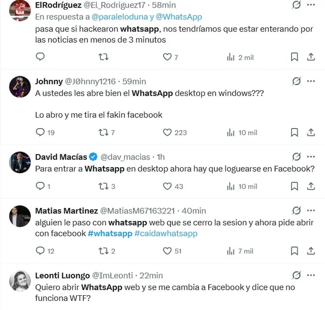 Lluvia de reclamos por caída de WhatsApp Web.