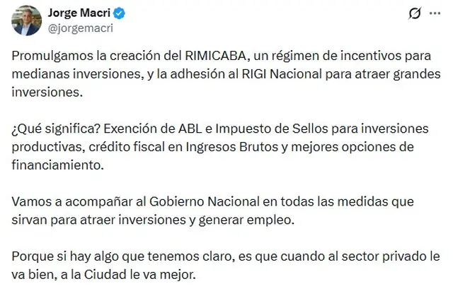 Jorge Macri anunció la creación de RIMICABA y la adhesión al RIGI