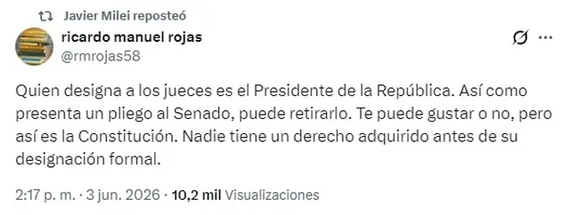 El mensaje que reposteó Javier Milei sobre la polémica por el pliego de Michelli