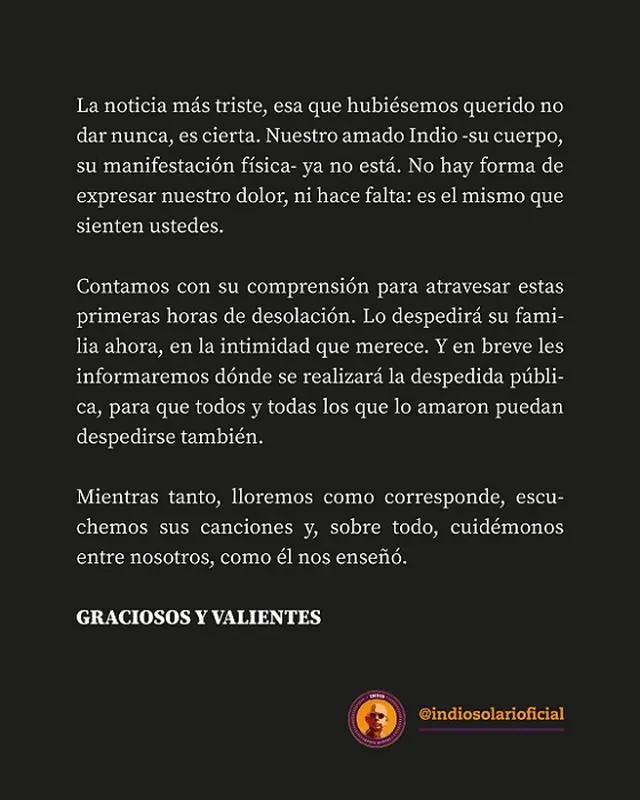 El comunicado oficial de la despedida de la familia del Indio Solari