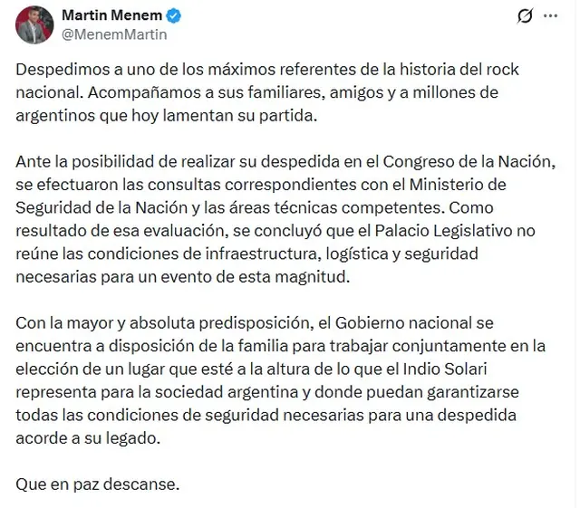 Martín Menem descartó que el Congreso sea utilizado como sede del velorio