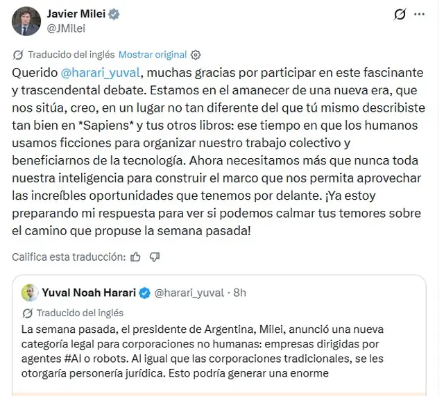 La respuesta de Javier Milei a Harari
