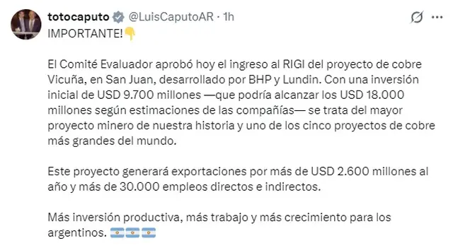 El anuncio de Luis Caputo sobre el ingreso al RIGI del proyecto Vicuña