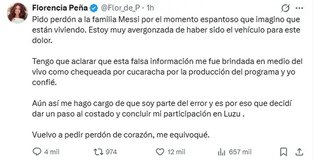 Florencia Peña también pidió disculpas en redes sociales