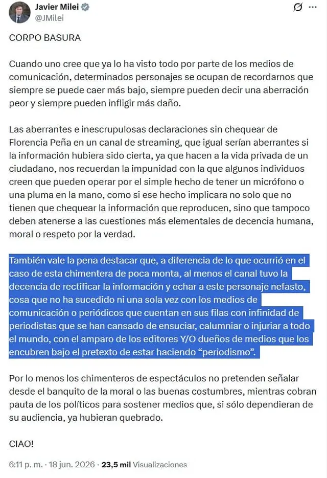 Milei tildó a Flor Peña de 'chimentera de poca monta', tras anunciar una fake news sobre Jorge Messi