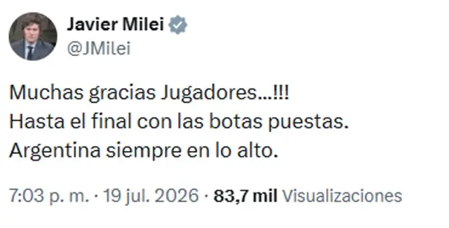 El mensaje de Milei a la Selección Argentina tras la final