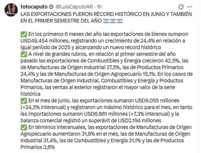 El mensaje de Luis Caputo sobre la balanza comercial