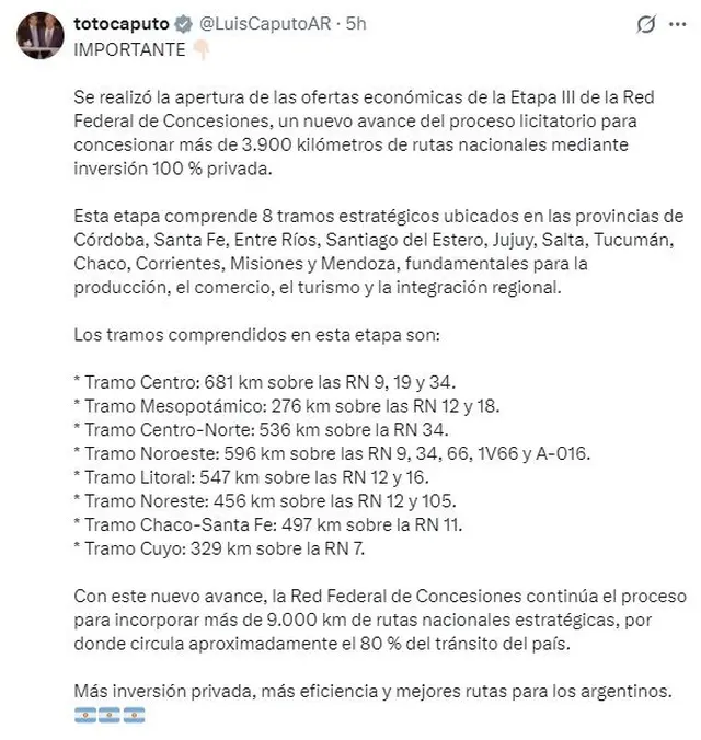 El mensaje de Luis Caputo sobre la apertura de ofertas para privatizar rutas