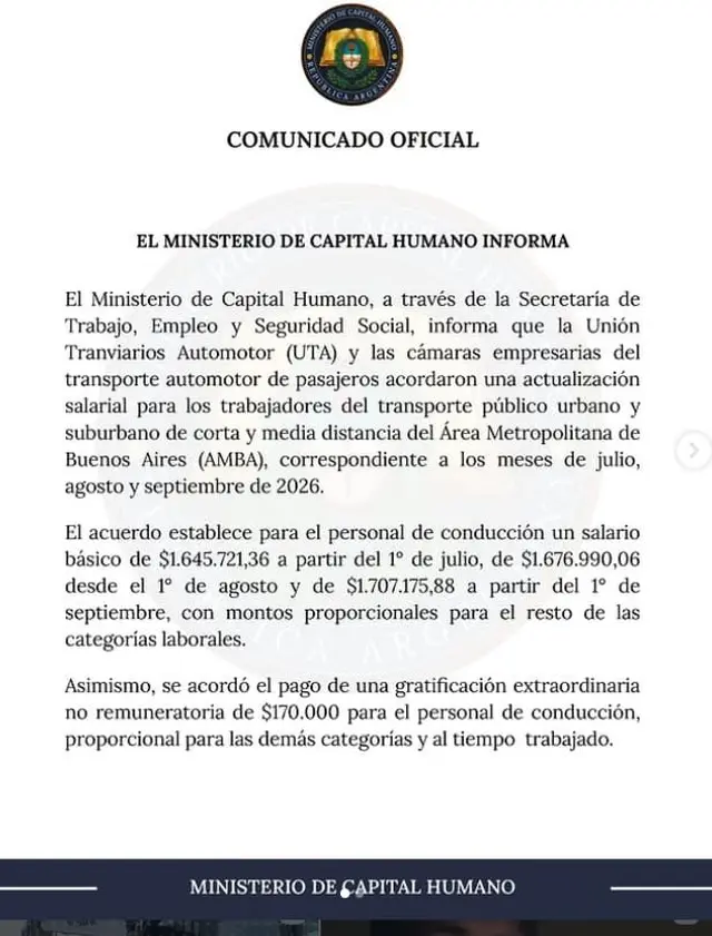 Gobierno homologó la paritaria de la UTA con aumento salarial y bono para choferes de colectivos