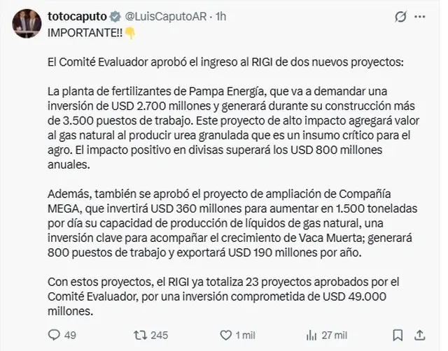 El mensaje de Luis Caputo sobre los dos nuevos RIGI