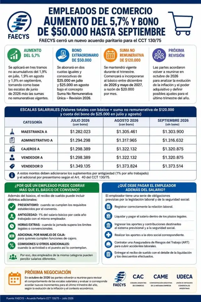 FAECYS acordó aumento salarial del 5,7% y así quedan los sueldos de Comercio