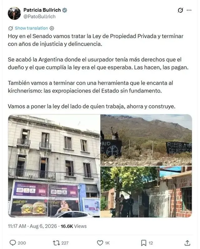 El posteo de Patricia Bullrich sobre Ley de Propiedad Privada