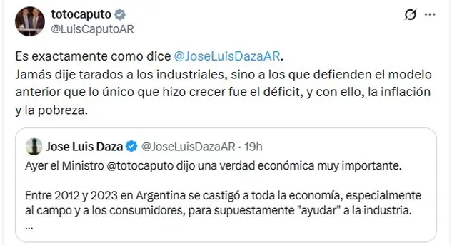 El mensaje de Luis Caputo para aclarar que no les dijo 'tarados a los industriales'