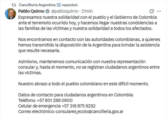 El mensaje del canciller Pablo Quirno sobre el terremoto en Colombia